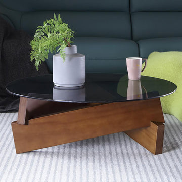 Round Coffee Table in Black & Walnut with Glass Top & Pine Wood Geometric Base